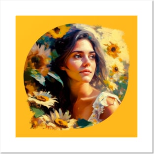 A beautiful girl in nature, surrounded by sunflowers, Art painting Posters and Art